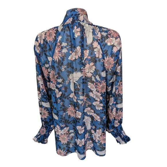 Michel Studio Womens Plus 3X Sheer Button Blouse Long Sleeve Shirt Crane Flowers - Picture 6 of 7